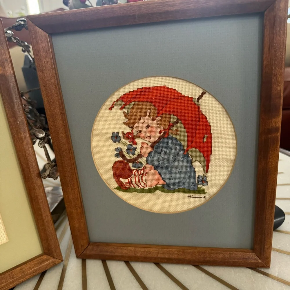 Vintage Set of 2 Hummel Needlepoint Framed Pictures Finished Handmade 9” x11”